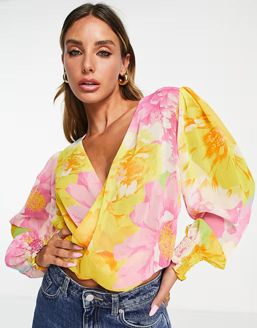 ASOS DESIGN twist plunge top in bright floral print | ASOS (Global)