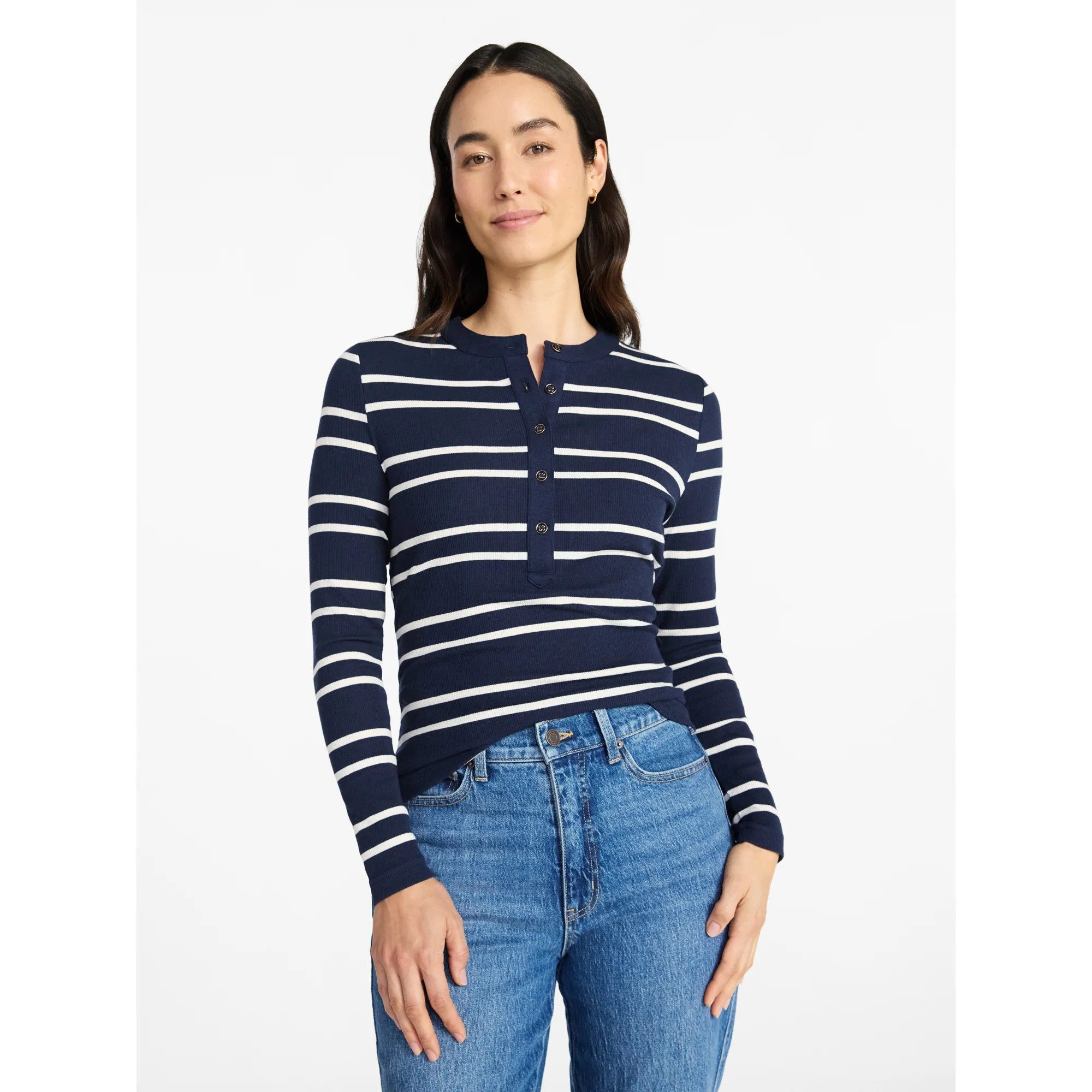 Time and Tru Women's Striped Henley with Long Sleeves, Sizes XS-XXXL | Walmart (US)