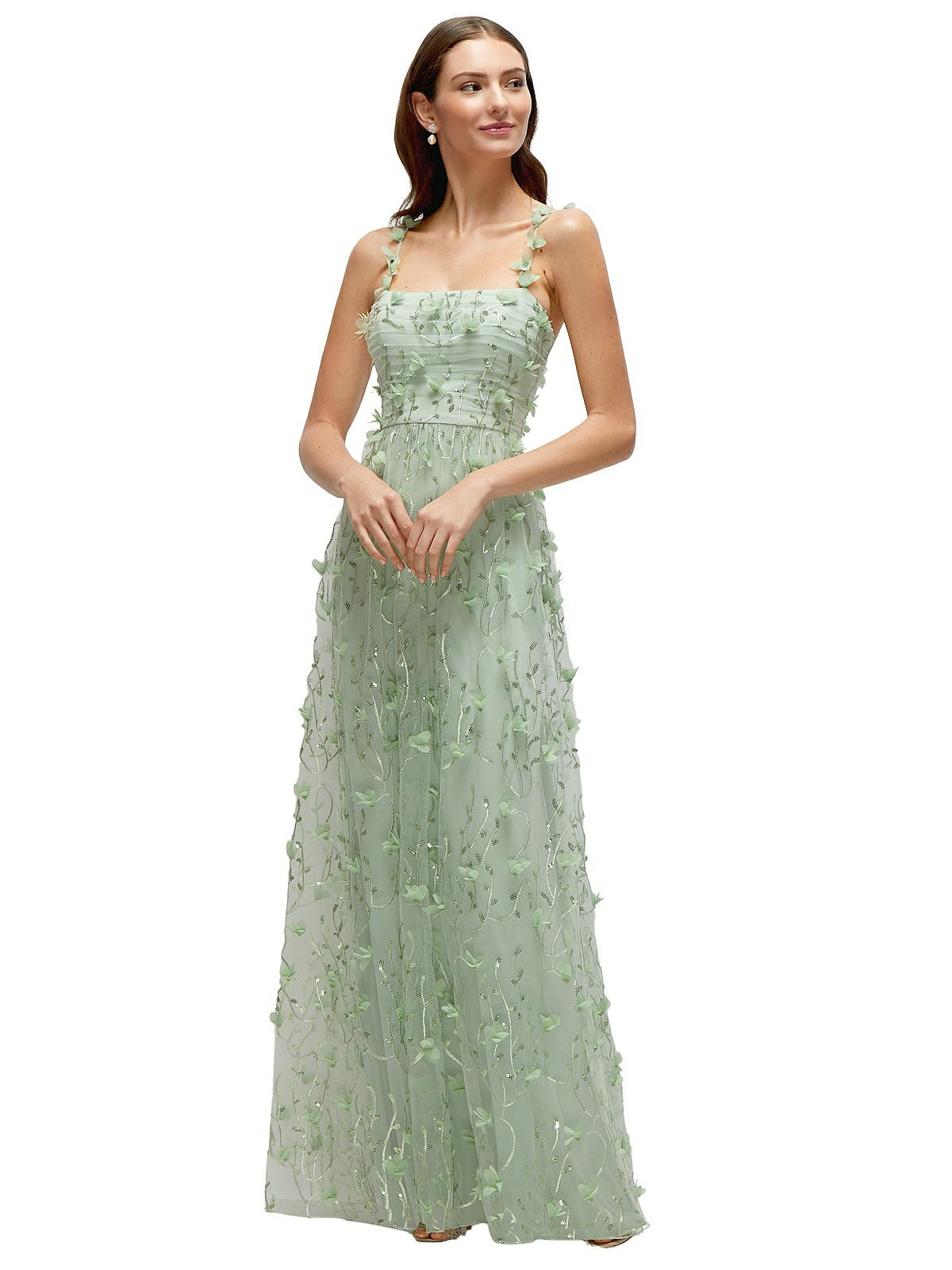 Shirred 3D Sequin Embroidery Floral Maxi Dress with Petal-Adorned Straps in Celadon | The Dessy Group
