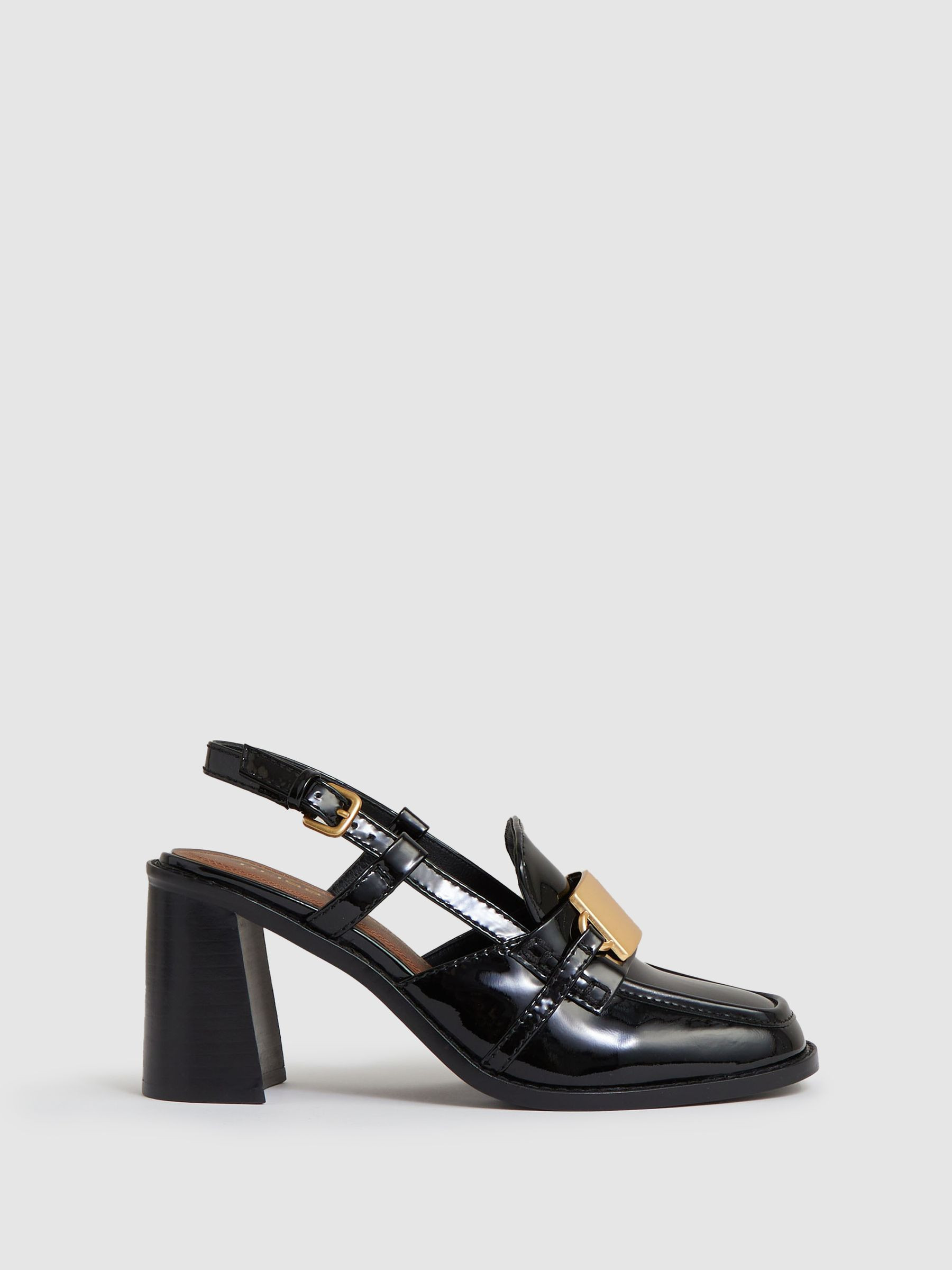 Reiss Patent Leather Slingback Heeled Loafers in Black | REISS | Reiss US