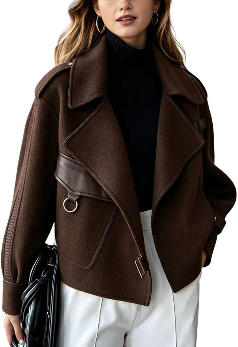 chouyatou Women's Business Casual Wool Coat Open Front Cropped Coat | Amazon (US)