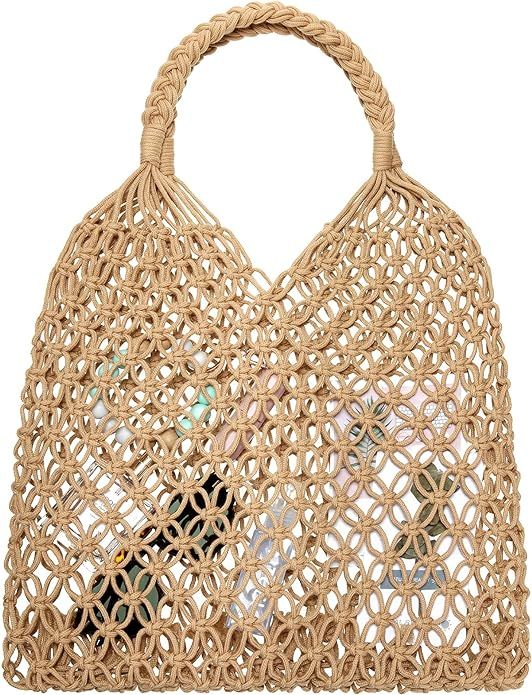 Women's Straw Bag Straw Beach Bag Straw Tote Beach Straw Handbag Handmade Fishing Net Travel Beac... | Amazon (US)