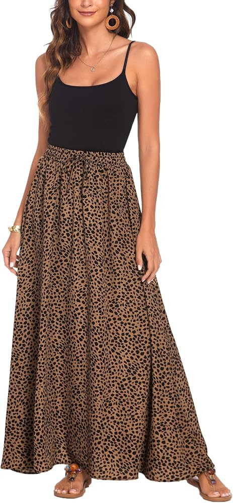Bluetime Women Leopard Print Long Skirts Chiffon Summer Beach Pleated Elastic High Waisted Maxi Skir | Amazon (US)