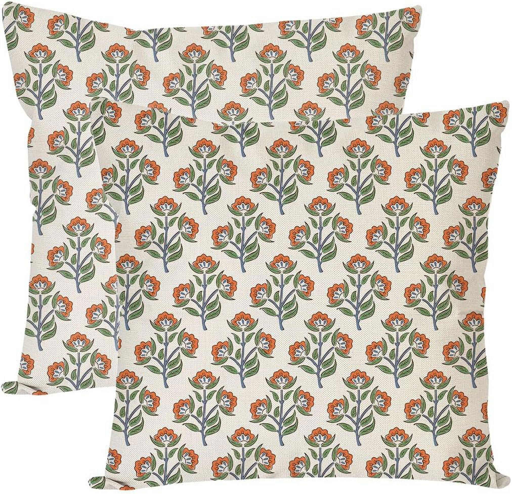 Block Print Throw Pillow Covers 18x18 Inch Set of 2 Green and Orange Vintage Floral Boho Outdoor ... | Walmart (US)