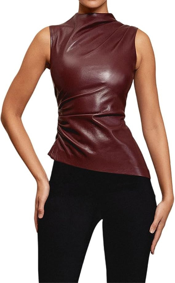 Women's Sexy PU Leather Tank Tops Asymmetrical Hem Sleeveless Ruched Y2K T Shirt Crop Blouse | Amazon (US)