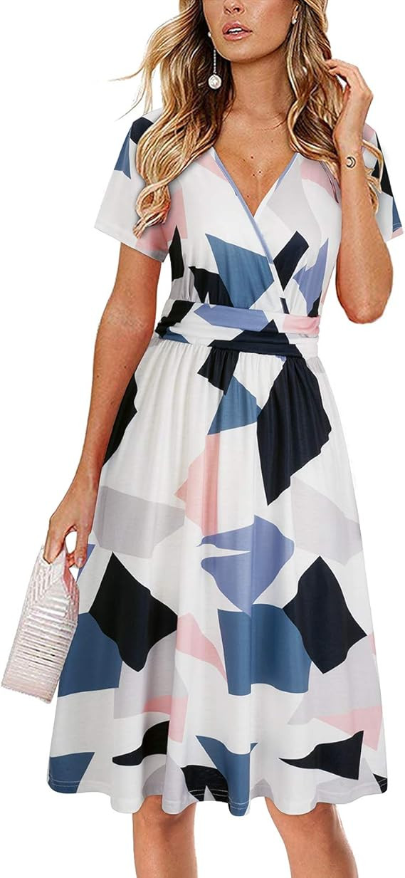 OUGES Women's Summer Short Sleeve V-Neck Floral Short Party Dress with Pockets | Amazon (US)