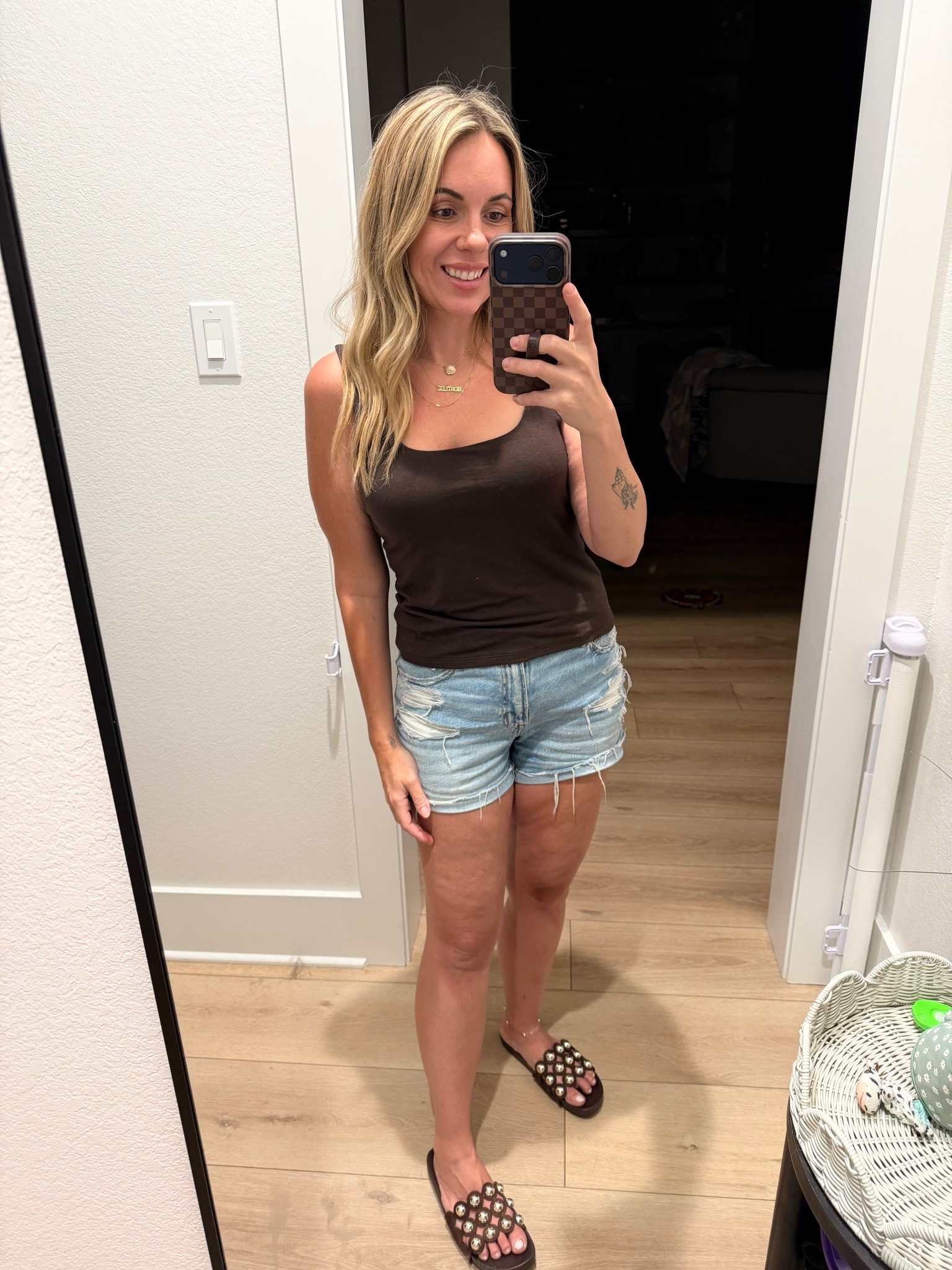 Loopy code: wifeonadime
Sized up twice to a large in the tank and wearing my true size 4 in the shorts. Sandals are my true 8.5. #oldnavy #americaneagle #denimshorts #shorts 

#LTKootd #LTKmomlife