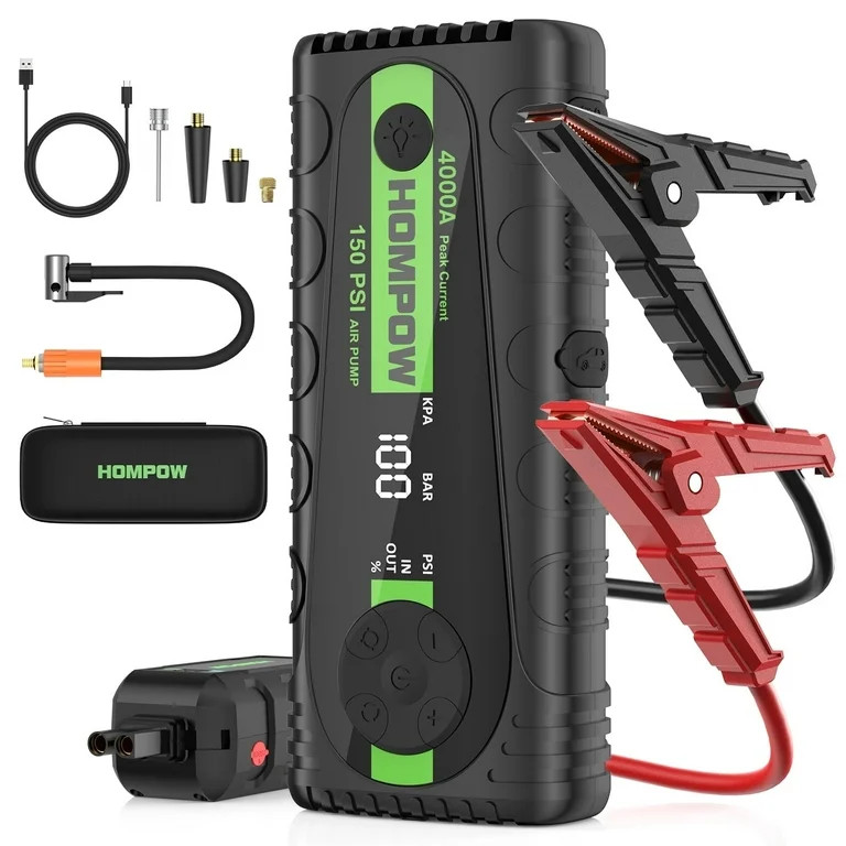HOMPOW 4000A Car Jump Starter with Air Compressor Portable Battery Booster with Digital Tire Infl... | Walmart (US)