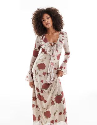 ASOS DESIGN frill tie front maxi dress in rose print | ASOS (Global)