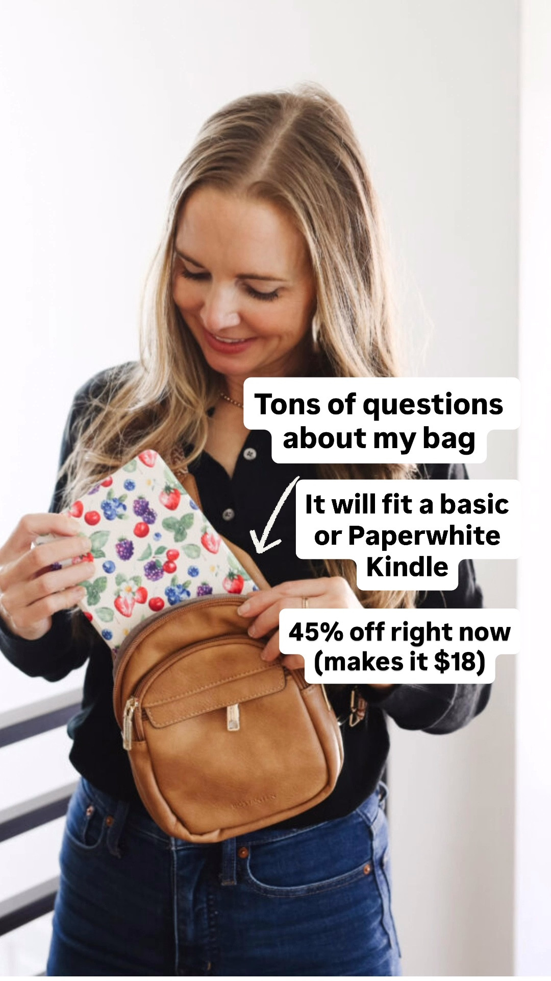 I love this leather crossbody bag! It’s not too big, but big enough to fit a basic or Paperwhite Kindle. 
It’s 45% off right now (making it $18)!

#LTKSaleAlert #LTKTravel