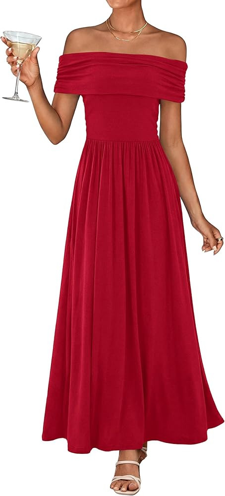 KIRUNDO Cocktail Dresses for Women 2026 Summer Off The Shoulder Ruched Pleated Long Flowy Formal ... | Amazon (US)