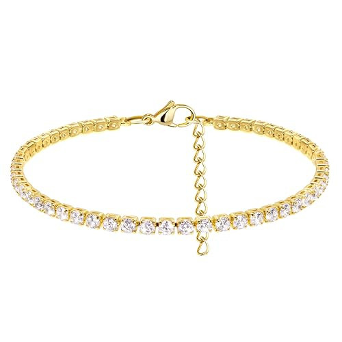 Poxtex Gold Plated 3mm Cubic Zirconia Classic Tennis Bracelet Trendy, Gold Bracelets for Women, 7"+2" Adjustable Link Chain Bracelet Trendy，Dainty Chain Bracelet Gift for Women | Amazon (US)