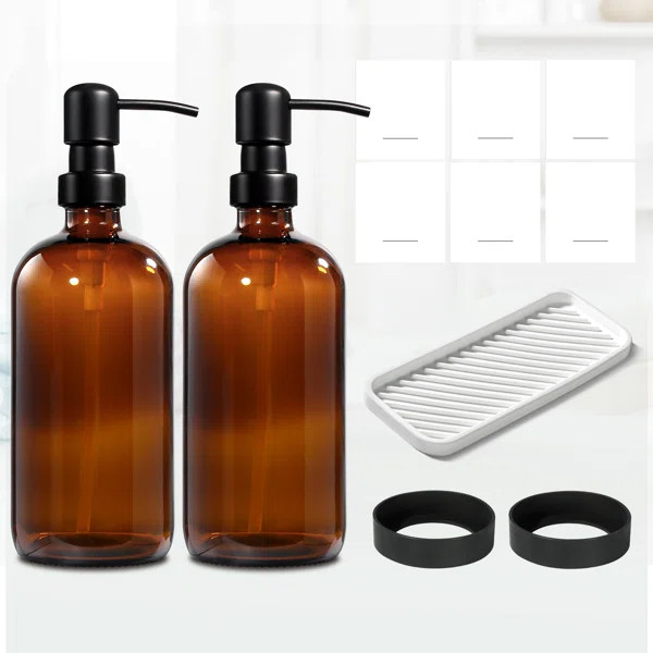 2pc Amber Glass Soap Dispenser BottleWith Silicone Sleeve And Tray With Stainless Steel Pump for ... | Wayfair North America