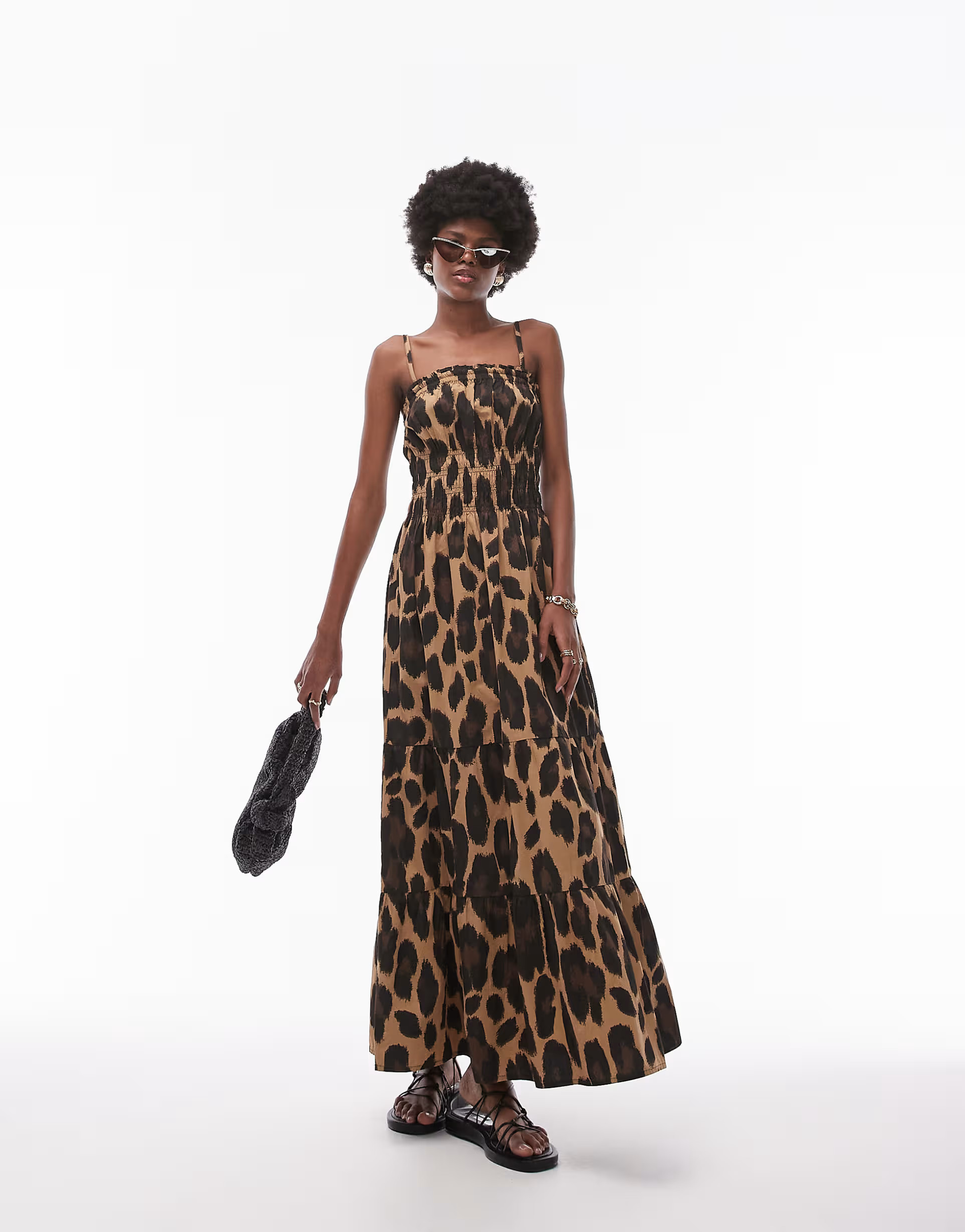 Topshop shirred poplin midi dress in leopard print | ASOS (Global)