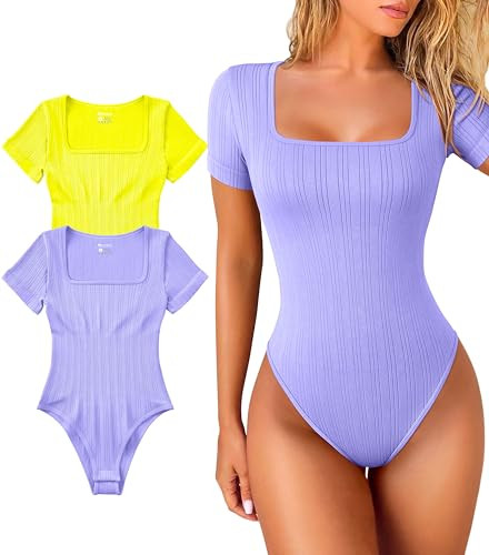 OQQ Women 2 Piece Bodysuits Short Sleeve Square Strech Basic Shirts Bodysuits Yellow Purple | Amazon (US)