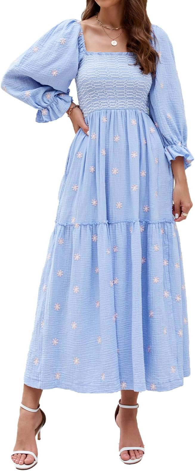 Women Floral Embroidered Maxi Dress Long Puff Sleeve Square Neck Bohemian Flowy Dress with Pocket... | Amazon (US)