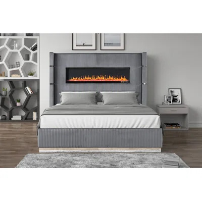 Upholstery Wooden Bed With Ambient Lighting In Velvet Finish | Wayfair North America