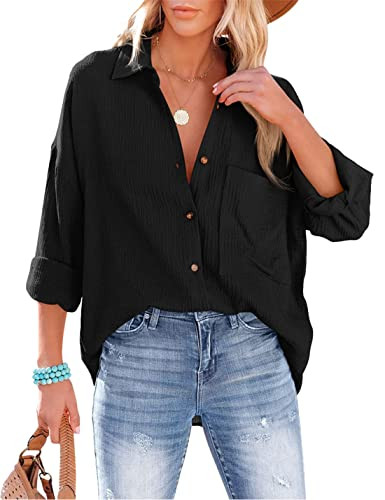 Mingzhu Womens Oversized Button Down Blouse Top Collared Long Sleeve Gauze Shirts | Amazon (US)