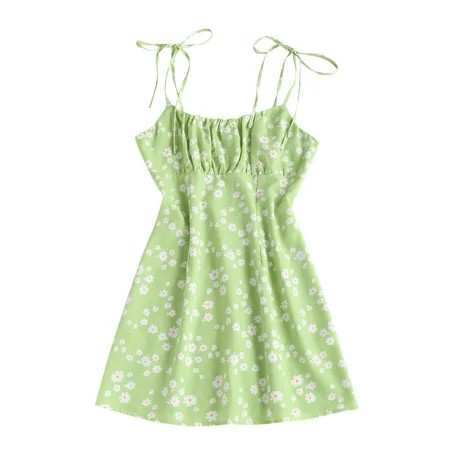 ZAFUL Women Leisure Sunshine Tie Shoulder Tiny Floral Ruched Mini Dress Green M | Walmart (US)