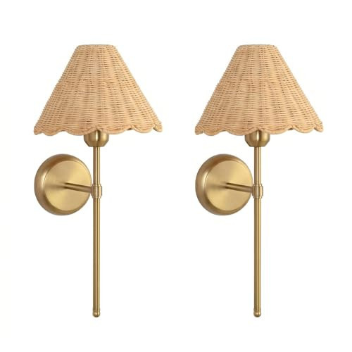 Folux Rattan Wall Sconce Set of 2, Hardwired Boho Wall Sconces with Handwoven Rattan Shade, Gold Wall Lights for Bedroom, Bedside, Hallway, Living Room | Amazon (US)