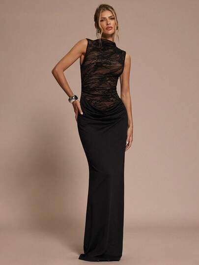 SHEIN BAE Women's Fashion Contrast Lace Ruffle Dress, Black Lace-Trimmed Sleeveless Dress, Party ... | SHEIN