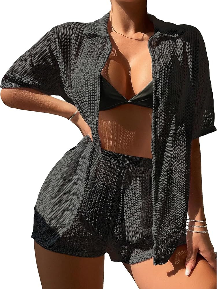 Milumia Women's 2 Piece Cover Ups Set Short Sleeve Open Front Kimono Swimsuit Coverup with Shorts | Amazon (US)