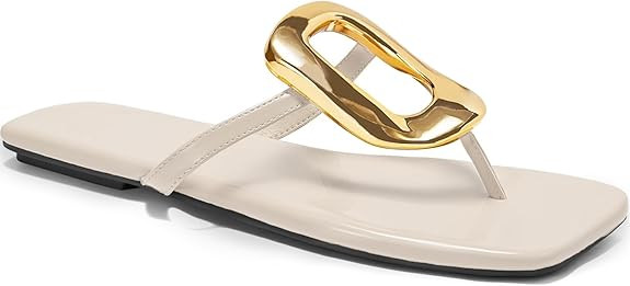 Womens Summer Square Toe Flip Flops Flat Sandals Slip On Shoes Slide Sandals with Gold Metal Deco... | Amazon (US)
