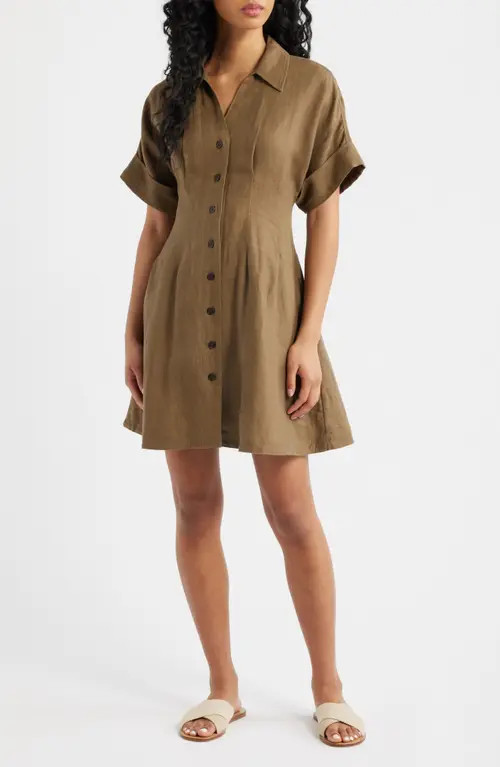 Madewell Pleated Linen Mini Shirtdress in Safari Khaki at Nordstrom, Size Medium | Nordstrom