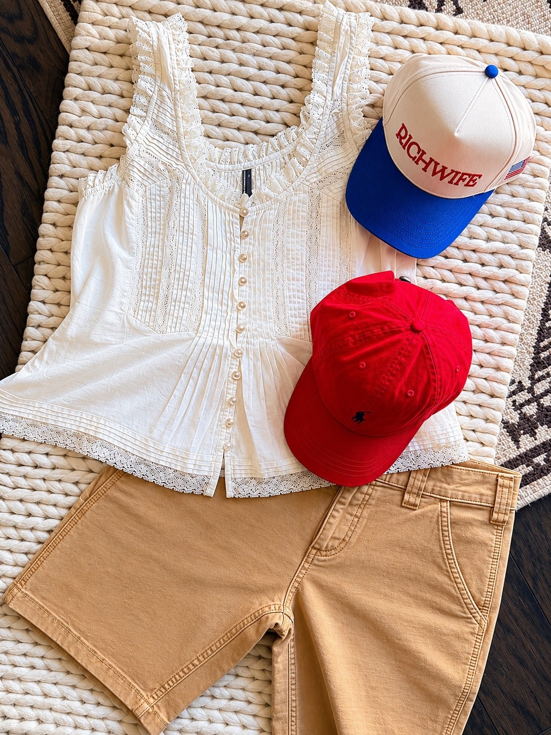 Effortless summer feel without looking like a souvenir shop exploded. The kind of patriotic outfit that still works at a nice coastal dinner after the lake. Top size XS. Shorts size S. Hat not tagged from: Richwife 

summer outfit - memorial day style - 4th of july outfit - elevated americana - east coast summer style - quiet luxury summer - vintage inspired outfit - white lace tank - khaki shorts outfit - classic summer fashion - effortless style - Ralph Lauren hat - coastal casual outfit - understated patriotic style - feminine summer outfit - old money summer aesthetic - casual chic style - lake day outfit - timeless summer fashion - neutral summer outfit - polished casual look - holiday weekend style - americana aesthetic

#LTKdayinmylife #LTKootd #LTKU