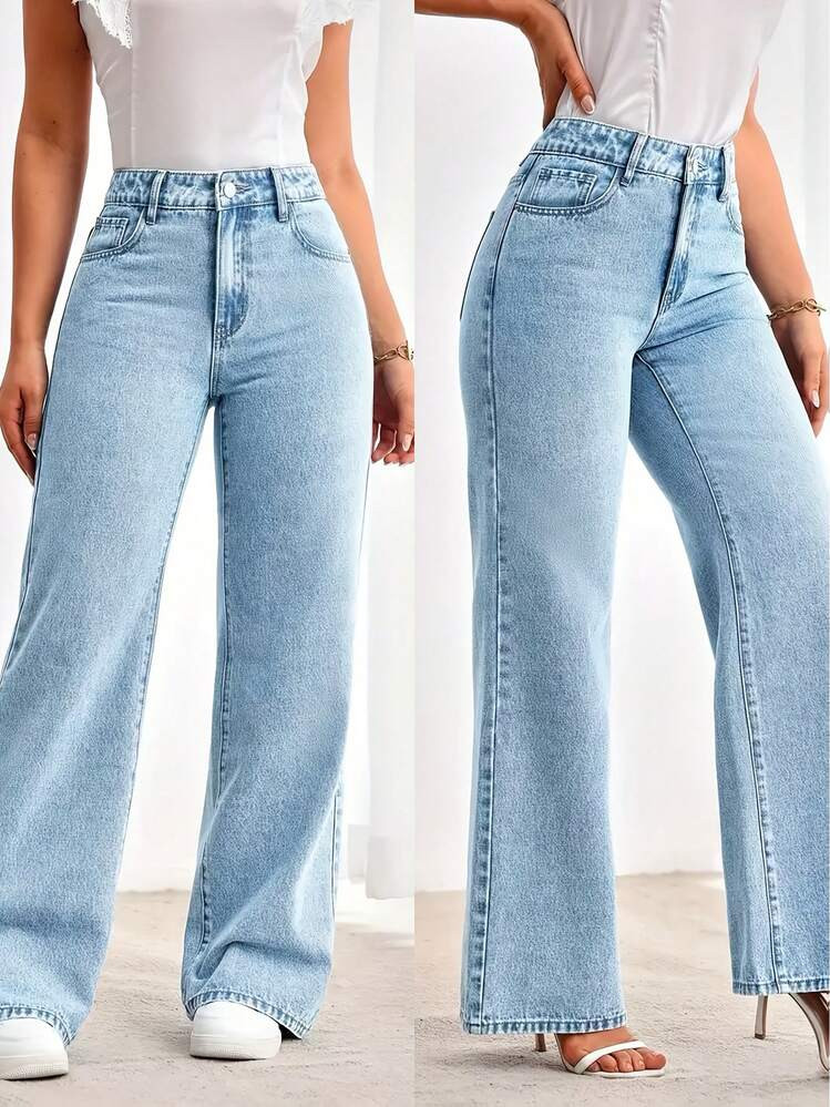Womens Jeans, Women's Wear In Y2K Style Solid Color Wash Blue High-Waisted Jeans, Loose Diagonal ... | SHEIN