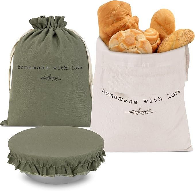 Beautiful Linen Bread Bag Set and Proofing Cover For Homemade Sourdough Bread - Keeps Your Loaf F... | Amazon (US)