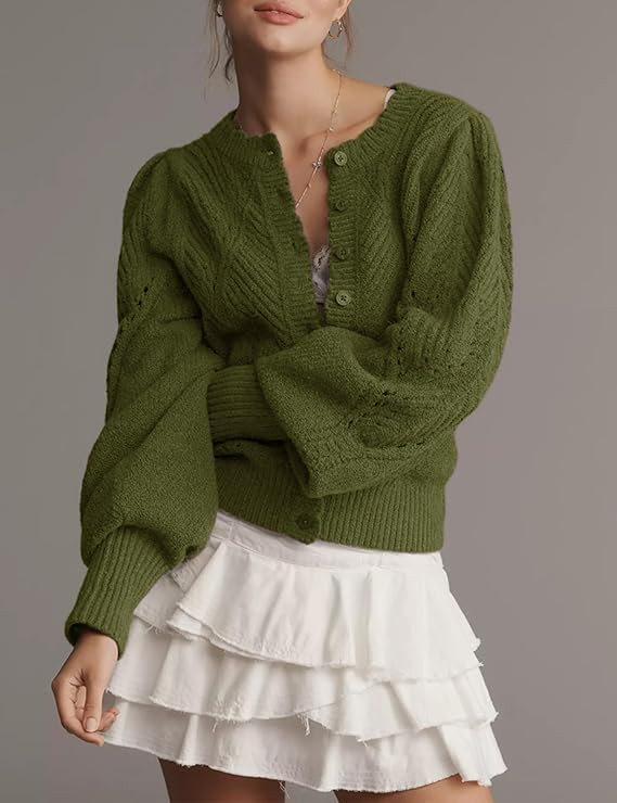 Women Pointelle Knit Lightweight Cardigan Puff Sleeve Scalloped Trim Button Down Open Front Cropp... | Amazon (US)