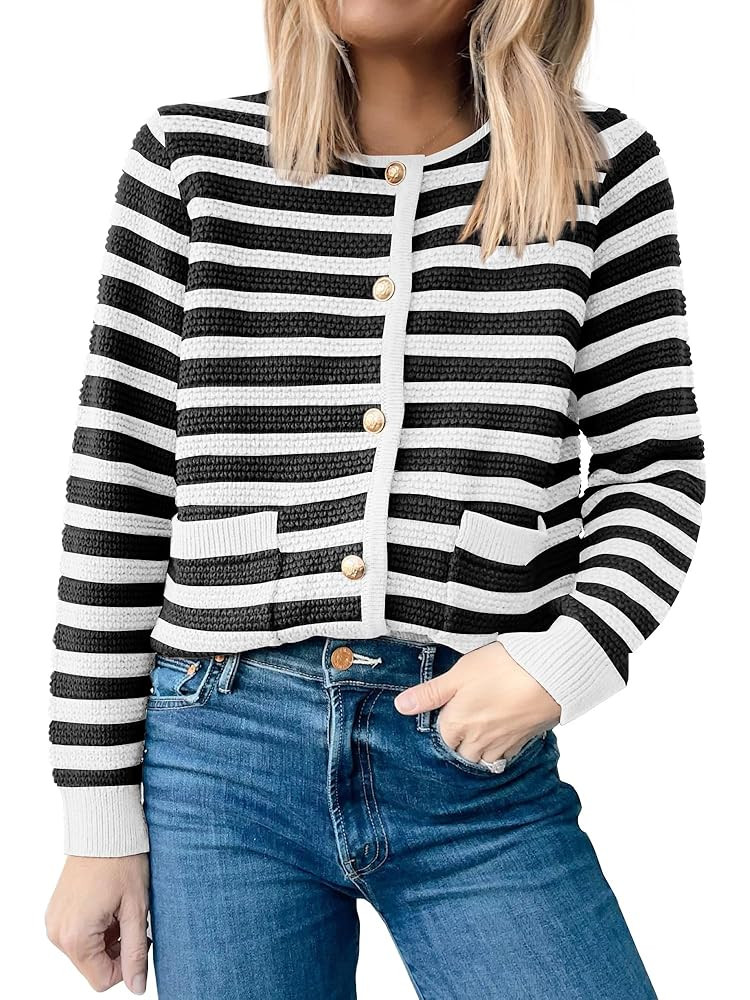 ANRABESS Women's Tweed Knit Cardigan Sweater Casual Long Sleeve Cropped Button Down Lady Jackets ... | Amazon (US)