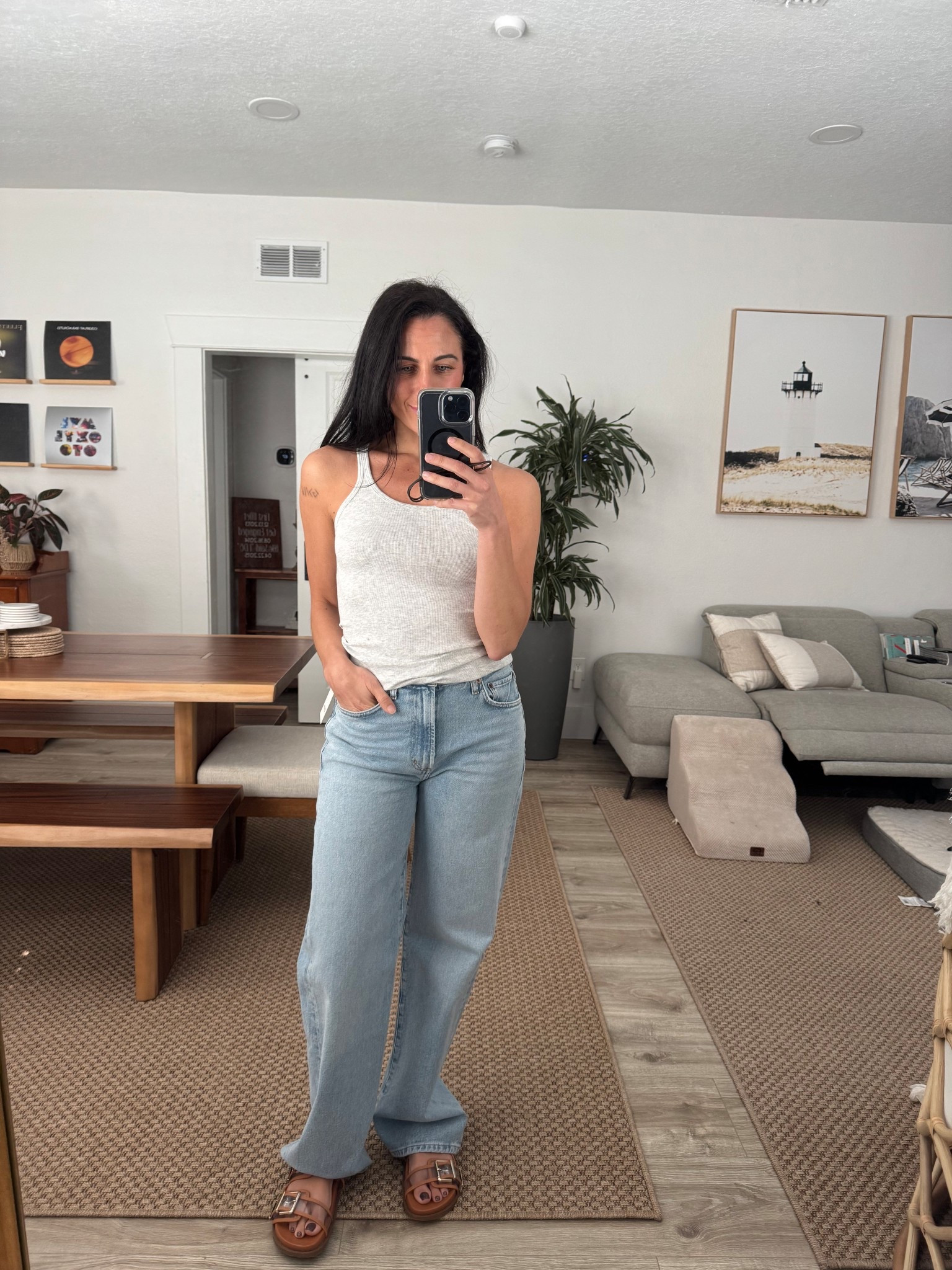 The best lightweight summer tank is from Lululemon. I am wearing a 6 in the top (but also could have done a 4 for a more fitted look). Jeans are Agolde, size 26