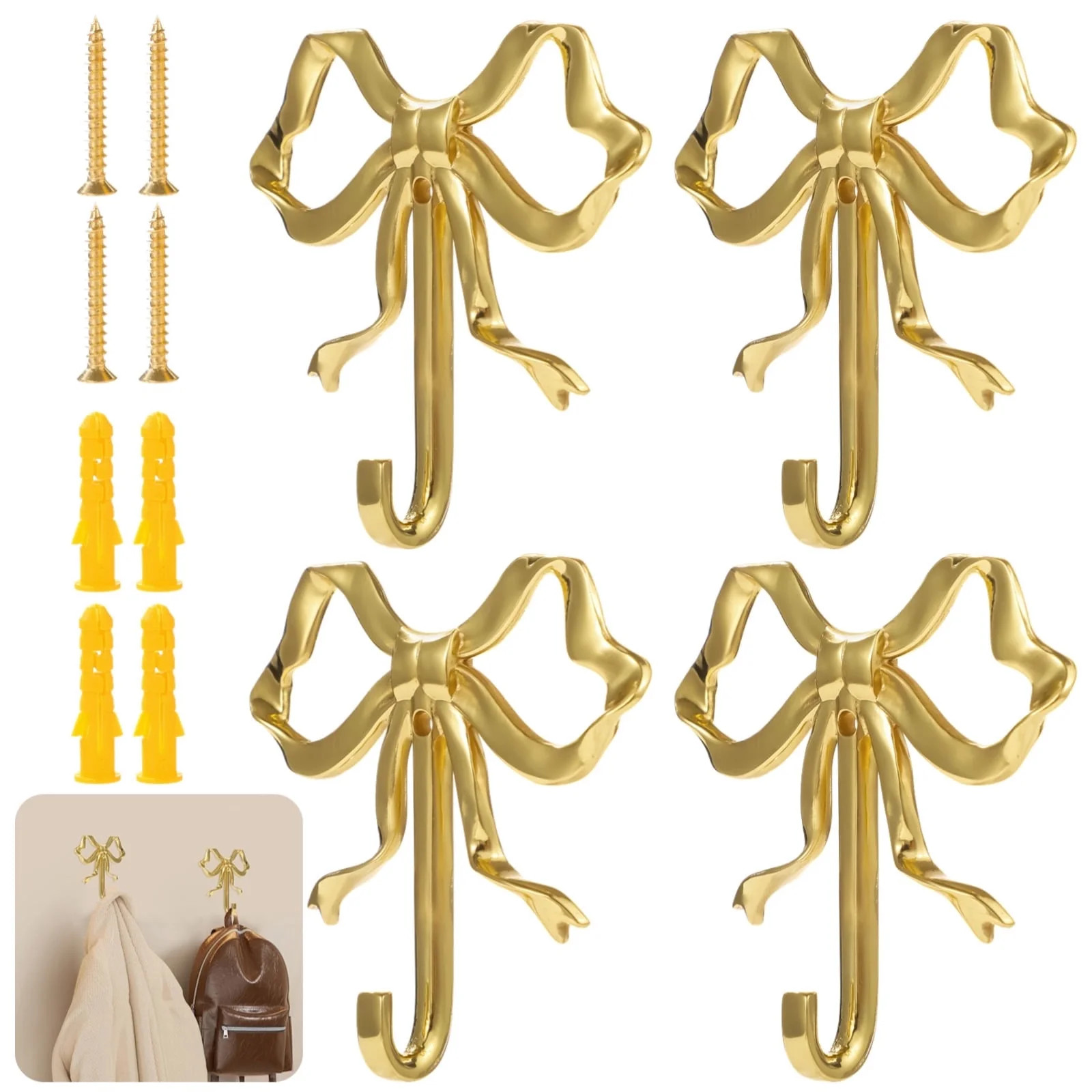 Gold Bow Wall Hooks, Set of 4 Brass Vintage Decorative Hooks for Towels Coat, Bathroom Kitchen Li... | Walmart (US)