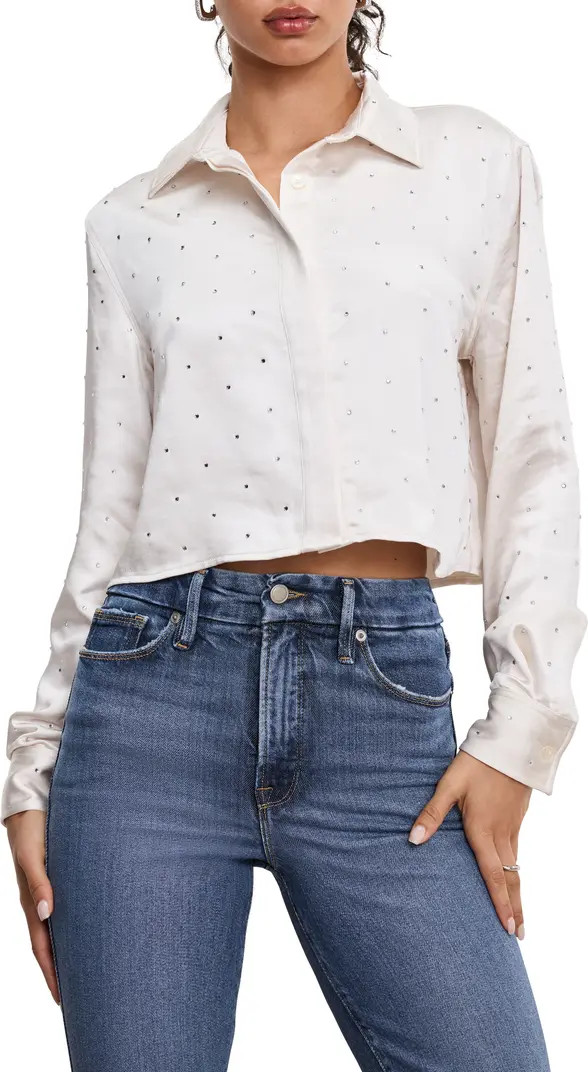 Good American Crystal Embellished Satin Button-Up Crop Shirt | Nordstrom | Nordstrom