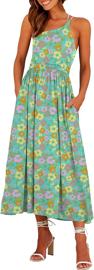 ANRABESS Women's Summer Straps Sundress One Shoulder Sleeveless Pleated High Waist A-Line Flowy M... | Amazon (US)