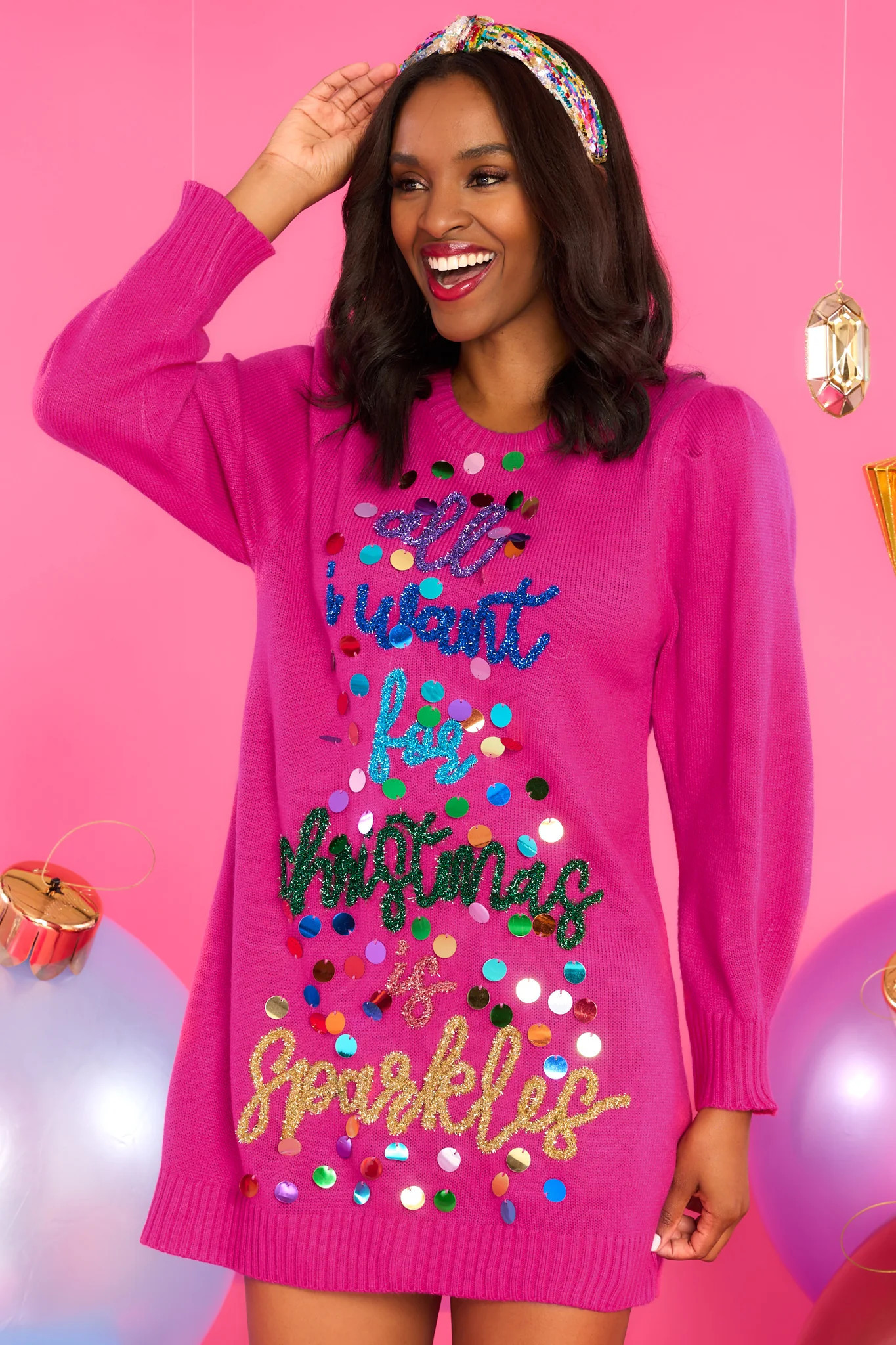 Pink Paillette 'All I Want For Christmas Is Sparkles' Sweater Dress | Red Dress 