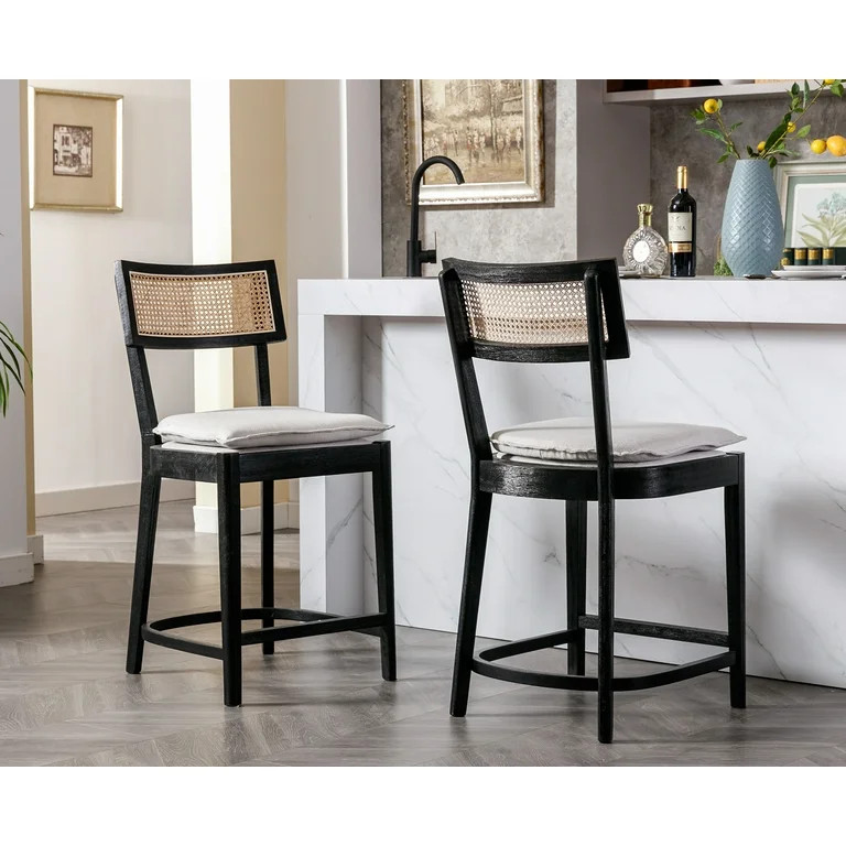 Dayalane 26" Rattan Back Counter Height Bar Stools Set of 2, Mid Century Wooden Kitchen Island Ch... | Walmart (US)