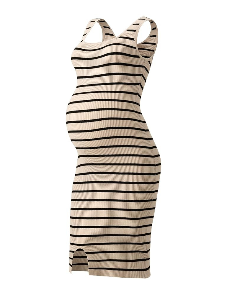 SUNNYBUY Women's Striped Maternity Dress Summer Tank Bodycon Dresses Knit Slit Pregnancy Clothes | Amazon (US)