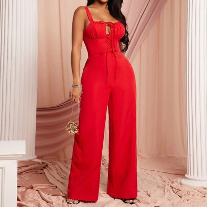 Women Red Lace-Up Jumpsuit, Suitable For Date, Party, Valentine's Day | SHEIN