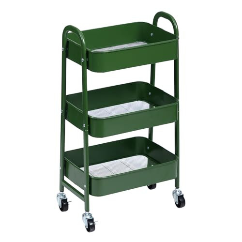 AGTEK 3 Tier Utility Rolling Cart with Lockable Wheels, Metal Multifunctional Storage, Organizer Cart for Kitchen, Office, Living Room, Makeup, Craft, Art Studio, Forest Green | Amazon (US)
