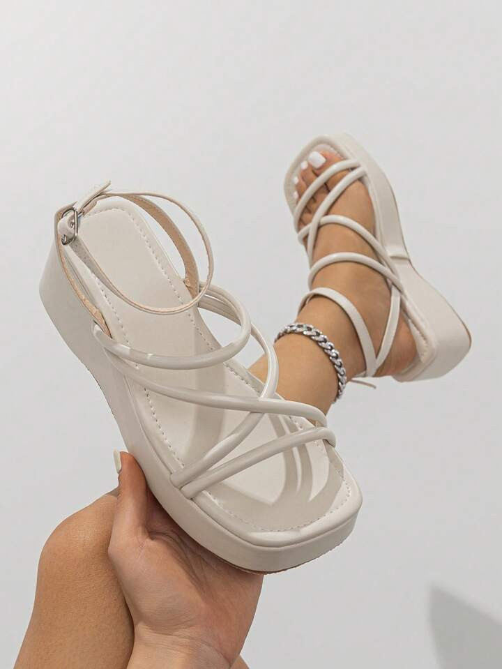 Women's High-Heeled Buckle Strap Bandage Sandals, Summer,Leisure Roman Holiday Thick-Soled Wedge ... | SHEIN