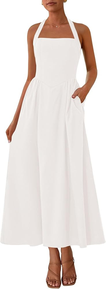 KIRUNDO Women Summer Sleeveless Halter Maxi Dress Sundress 2025 Casual Flowy Wedding Guest Cockta... | Amazon (US)