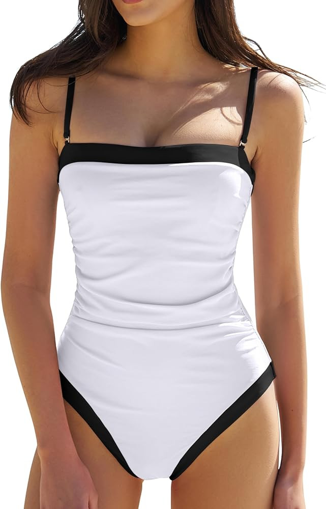 QINSEN Color Block Bathing Suits for Women Spaghetti Straps Tummy Control Square Neck One Piece S... | Amazon (US)