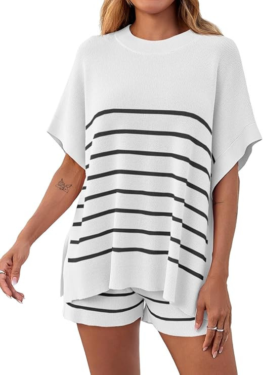 Fisoew Women's Striped 2 Piece Outfits Oversized Batwing Short Sleeve Tops High Waisted Shorts Su... | Amazon (US)