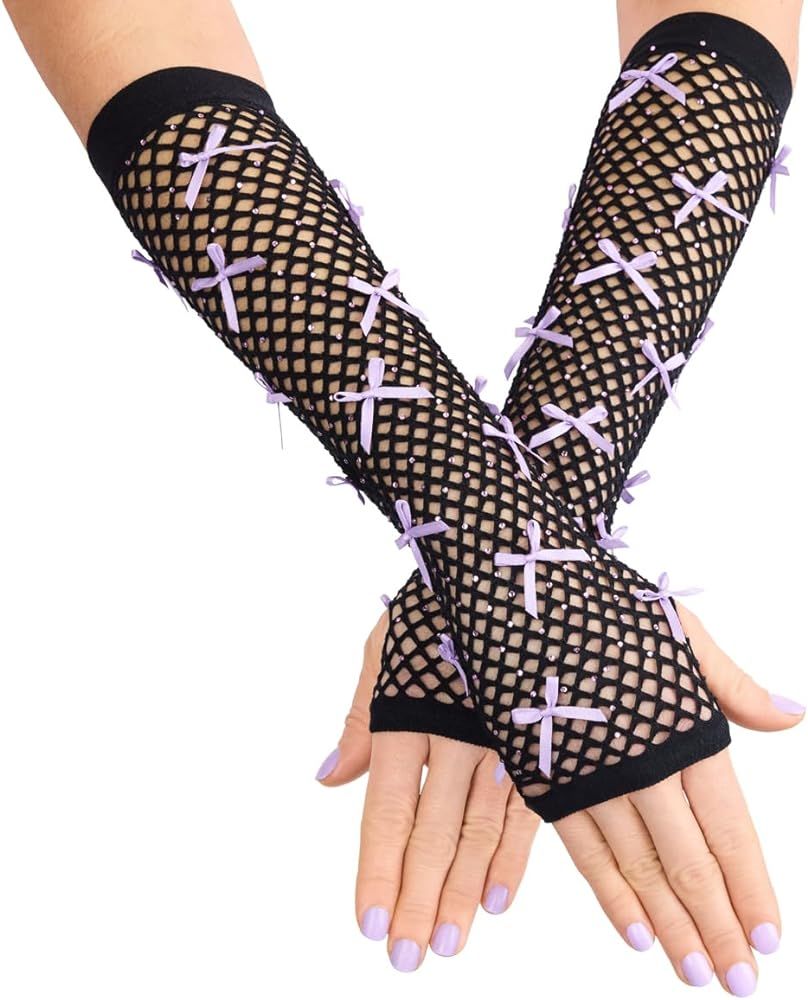 xo, Fetti Black + Purple Rhinestone Fishnet Bow Gloves | Rave Bachelorette, Birthday Girl Accesso... | Amazon (US)