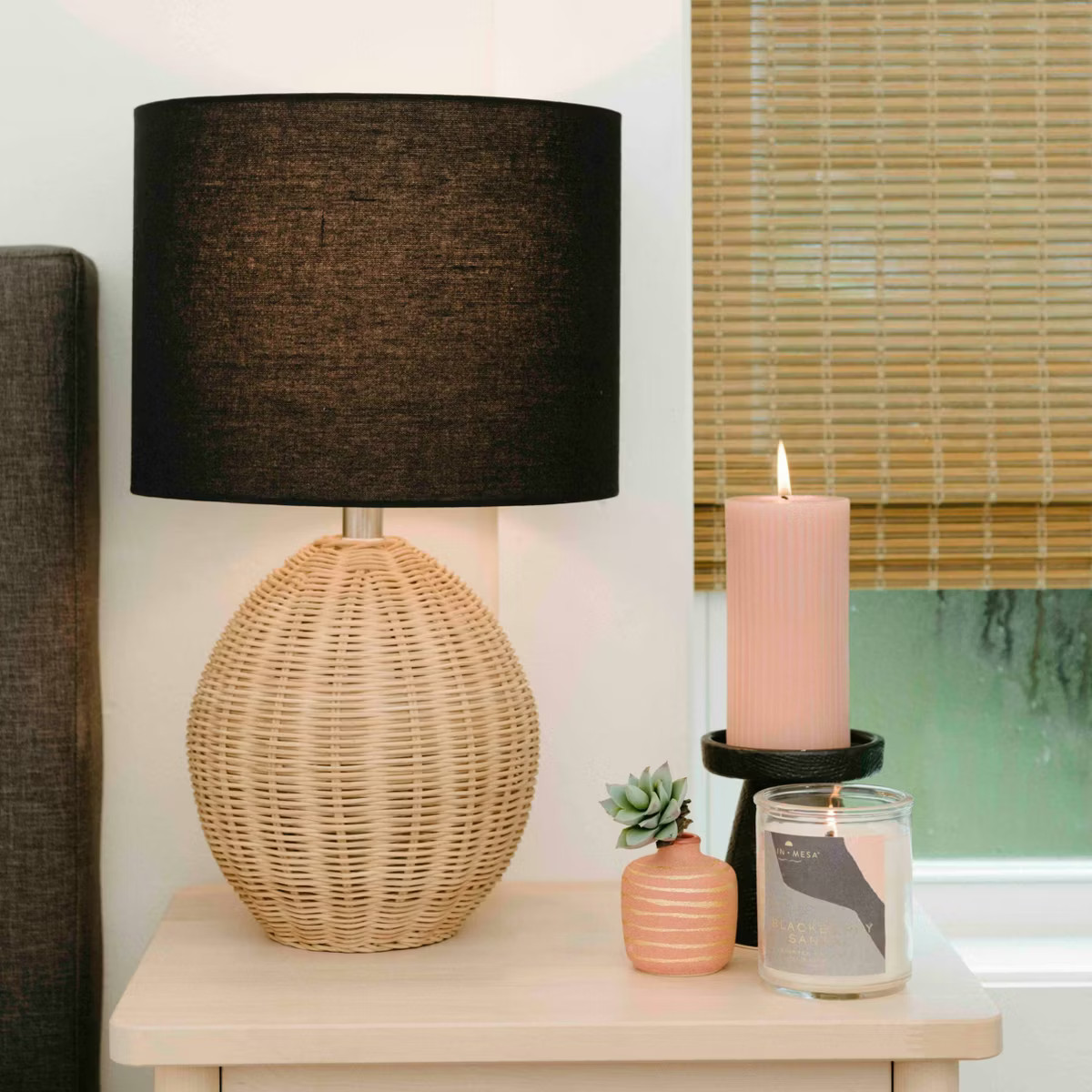 Storied Home Boho Woven Rattan Table Lamp with Black Linen Shade Natural | Target
