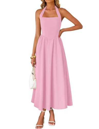 ZESICA Women's Summer Sleeveless Halter Midi Dress 2025 Off Shoulder High Waist Swing Flowy Beach Long Dresses,Pink,Small | Amazon (US)