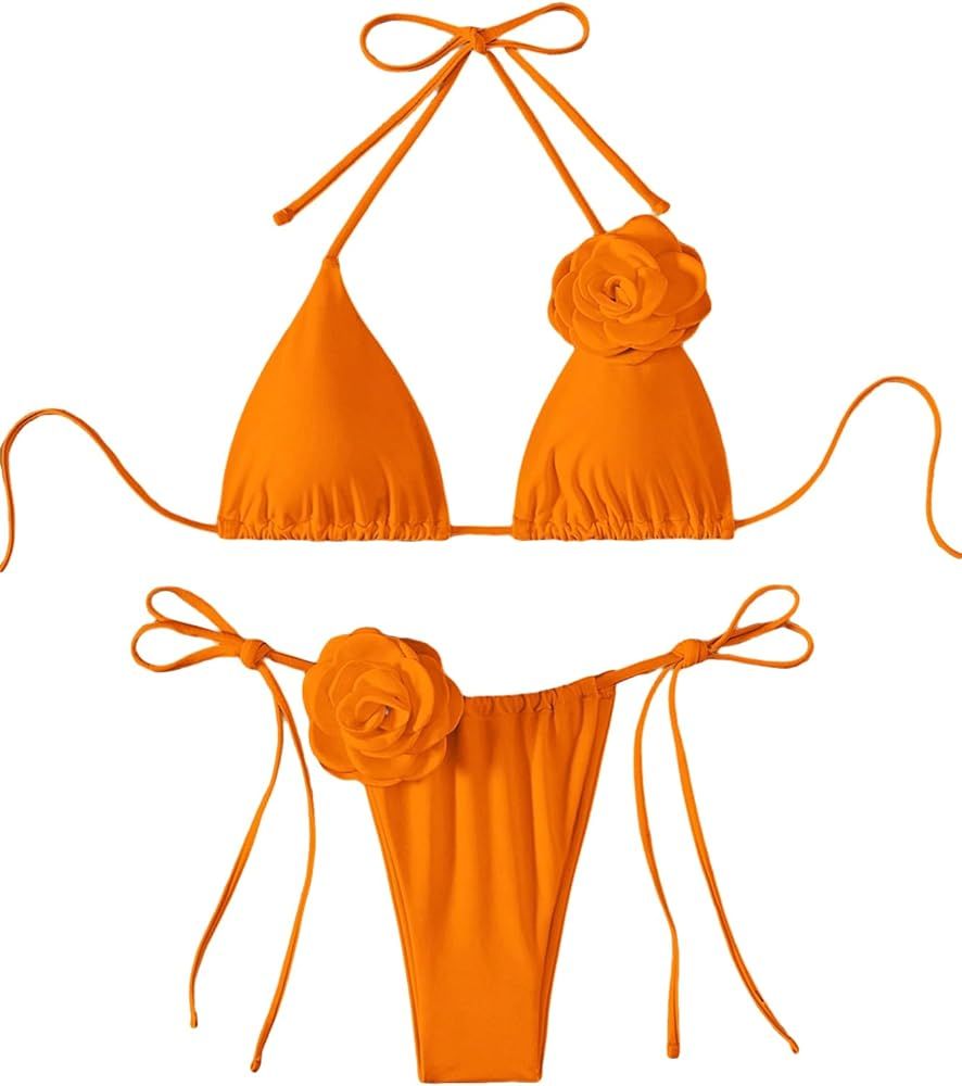 Women's 2 Piece Solid 3D Flower Halter Bikini Set Side Tie High Cut Triangle Swimsuit Bathing Sui... | Amazon (US)